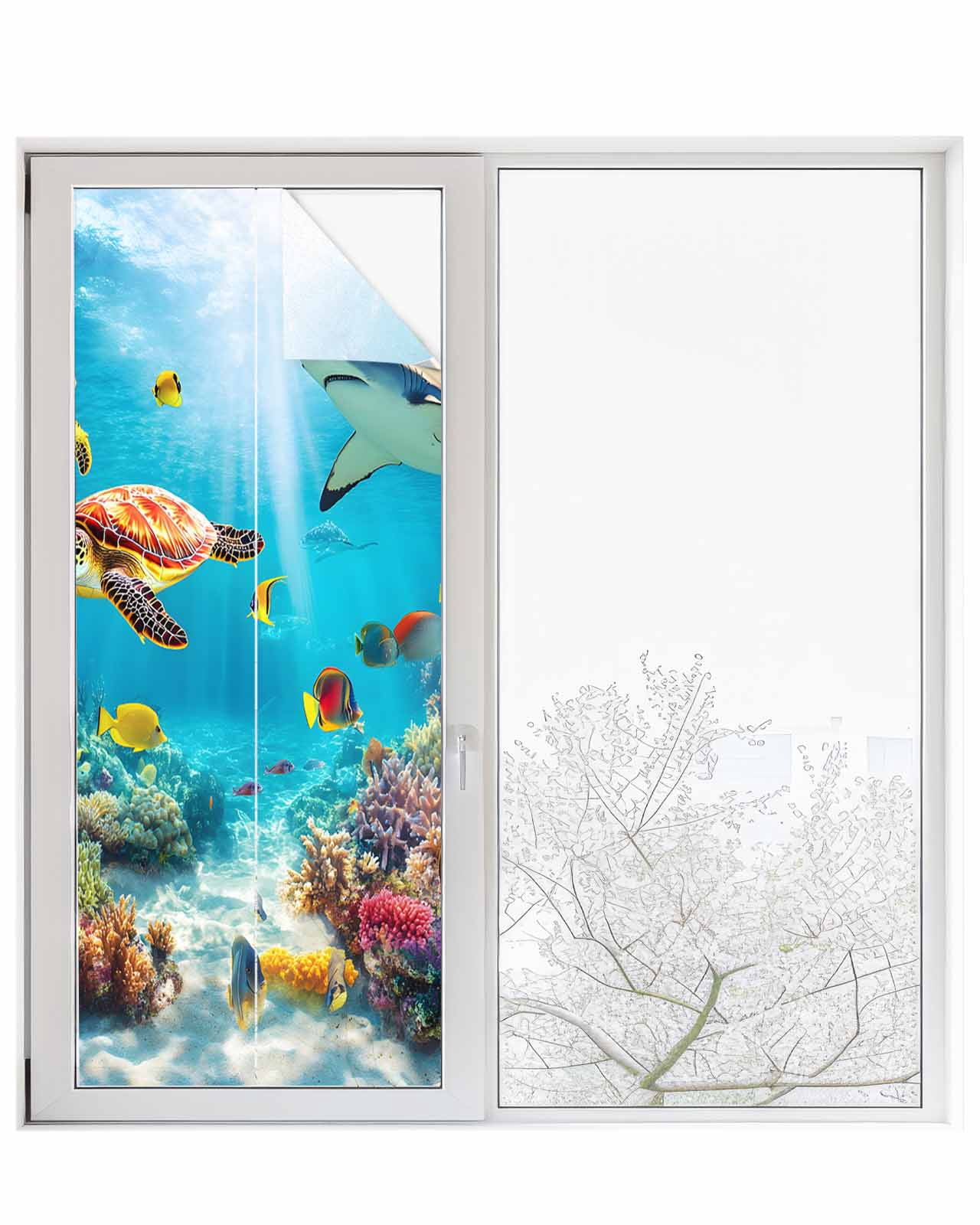 Window Privacy Film Turtle Stained Glass Window Film Decorative Sun Block Window Cover Shark Ocean Coral Underwater Scenery Sea Window Clings Static Adhesive Sticker for Bathroom 23.6"x59"