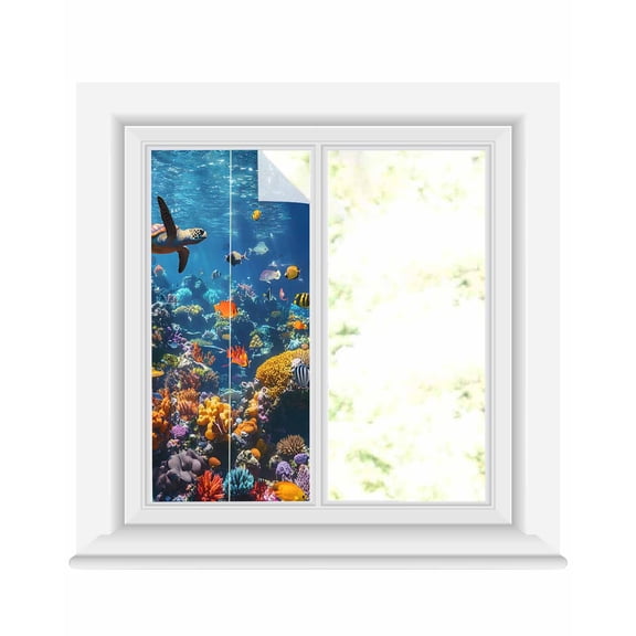 Window Privacy Film Turtle Stained Glass Window Film Decorative Sun Block Window Cover Summer Beach Ocean Coral Sunlight Jellyfish Window Clings Static Adhesive Sticker for Bathroom 17.7"x39.3"