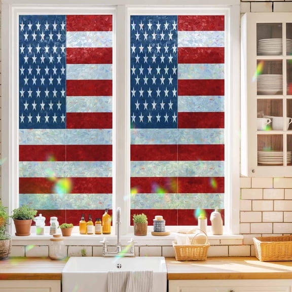 Window Privacy Film,USA Flag Independence Day Static Clings Decorative Rainbow Window Films Stickers Patriotic Stars and Stripes Sun Blocking Glass Cover for Home Bathroom Office,17.7"x39.3"