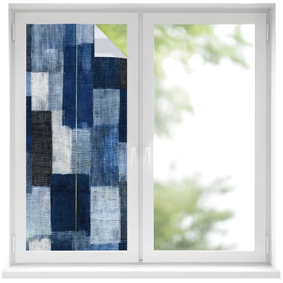 Window Privacy Film Vintage Abstract Stained Glass Window Film Decorative Sun Block Window Cover Minimalist Patchwork Pattern Navy Blue Window Clings Static Adhesive Sticker for Bathroom 19.6"x39.3"