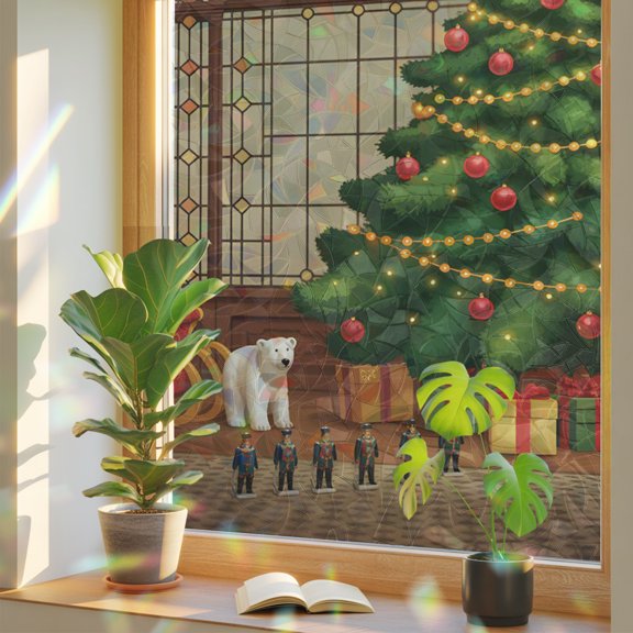 Window Privacy Film Vintage Ambiance Old Window Xmas Tree Stained Glass Static Cling 18x39inch, Brown Green Rainbow Window Film Glass Sticker for Bathroom Bedroom Home