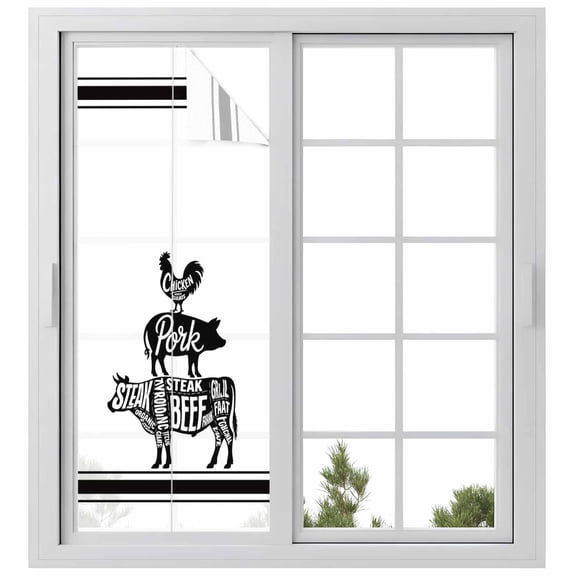 Window Privacy Film Vintage Animals Stained Glass Window Film Decorative Sun Block Window Cover Pig Rooster Cow Funny Words Retro Art Window Clings Static Adhesive Sticker for Bathroom 23.6"x59"