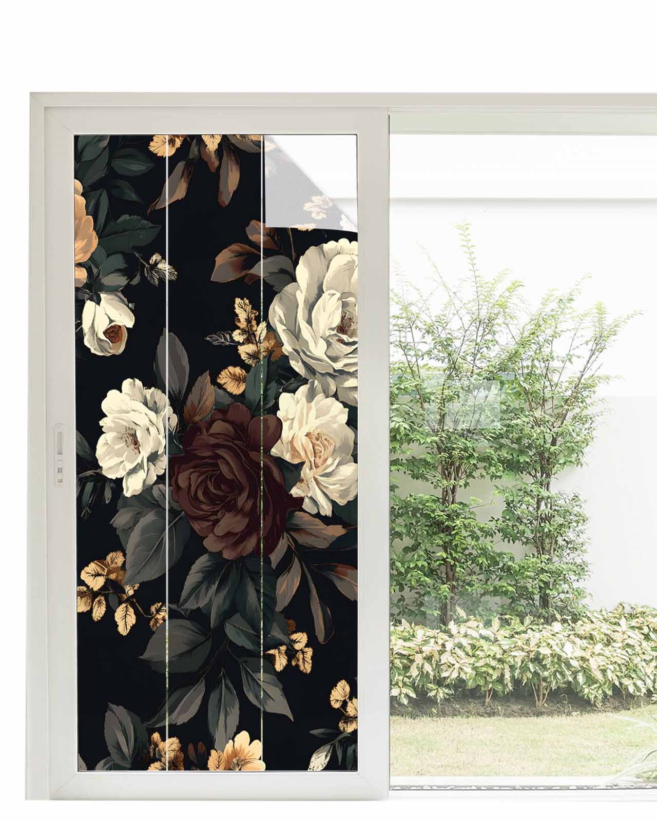 Window Privacy Film Vintage Black Floral Stained Glass Window Film Decorative Sun Block Window Cover Spring Seasonal Botanical Blooms Window Clings Static Adhesive Sticker for Bathroom 35.4"x78.7"