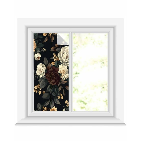 Window Privacy Film Vintage Black Floral Stained Glass Window Film Decorative Sun Block Window Cover Spring Seasonal Botanical Blooms Window Clings Static Adhesive Sticker for Bathroom 19.6"x39.3"