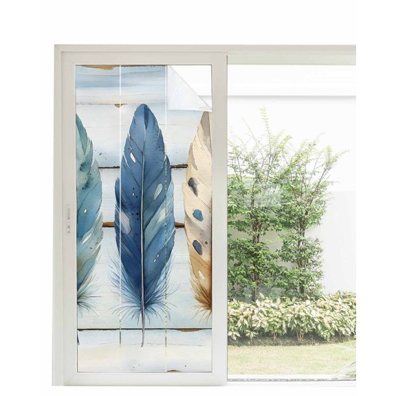 Window Privacy Film Vintage Blue Feathers Stained Glass Window Film Decorative Sun Block Window Cover Boho Retro Wooden Grain Window Clings Static Adhesive Sticker for Bathroom 35.4"x78.7"
