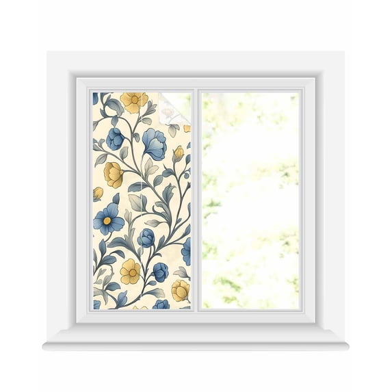 Window Privacy Film Vintage Blue Yellow Stained Glass Window Film Decorative Sun Block Window Cover Spring Enchanted Garden Florals Window Clings Static Adhesive Sticker for Bathroom 17.7"x39.3"