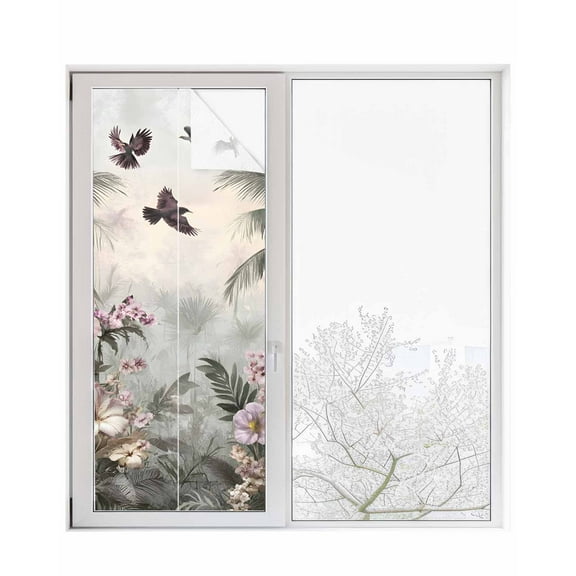 Window Privacy Film Vintage Botanical Stained Glass Window Film Decorative Sun Block Window Cover Retro Palm Tree Spring Floral Window Clings Static Adhesive Sticker for Bathroom 23.6"x59"