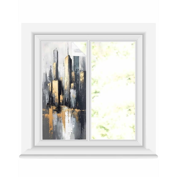 Window Privacy Film Vintage Building Stained Glass Window Film Decorative Sun Block Window Cover Modern Abstract Ombre City Oil Painting Window Clings Static Adhesive Sticker for Bathroom 17.7"x39.3"