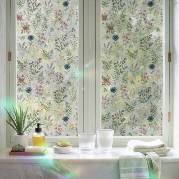 Window Privacy Film,Vintage Country Flower Herb Static Clings Decorative Rainbow Window Films Stickers Pastoral Fern Leaves Sun Blocking Glass Cover for Home Bathroom Office,17.7"x39.3"