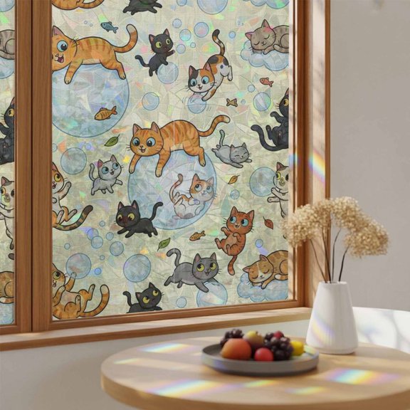 Window Privacy Film, Vintage Cute Cats Stained Glass Rainbow Film Black Orange Gray Cat Bubbles Fishes Cartoon Beige Static Cling Sun Blocking Window Sticker for Bathroom 17.7"x39.3"