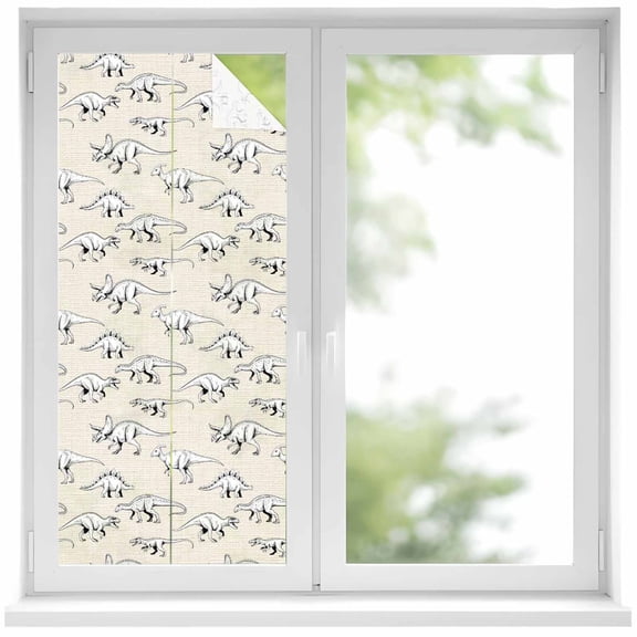 Window Privacy Film Vintage Dinosaur Stained Glass Window Film Decorative Sun Block Window Cover Primitive Animals Wildlife Hand-painting Beige Window Clings Static Sticker for Bathroom 17.7"x39.3"