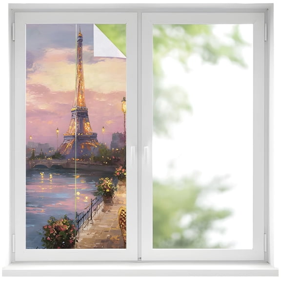 Window Privacy Film Vintage Eiffel Tower Stained Glass Window Film Decorative Window Cover Purple Sunset River French Cityscape Window Clings Static Adhesive Sticker for Bathroom 17.7"x39.3"
