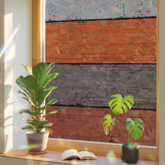 Window Privacy Film Vintage Farm Wood Board Stained Glass Static Cling 18x39inch, Orange Gray Gradient Plank Rainbow Window Film Glass Sticker for Bathroom Bedroom Home