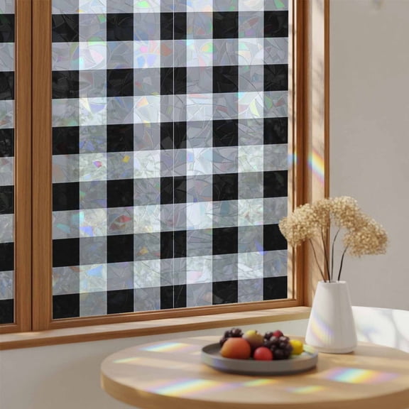 Window Privacy Film, Vintage Farmhouse Stained Glass Rainbow Film Black White Buffalo Check Plaid Decorative Window Clings, Static Cling Sun Blocking Stickers For Bathroom Bedroom 17.7"x39.3"