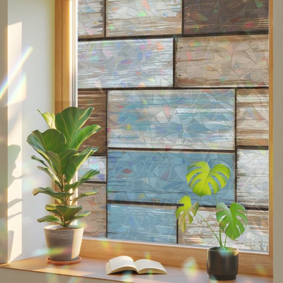 Window Privacy Film Vintage Farmhouse Wooden Board Stained Glass Static Cling 18x39inch, Rustic Blue Brown Wood Plank Rainbow Window Film Glass Sticker for Bathroom Bedroom Home