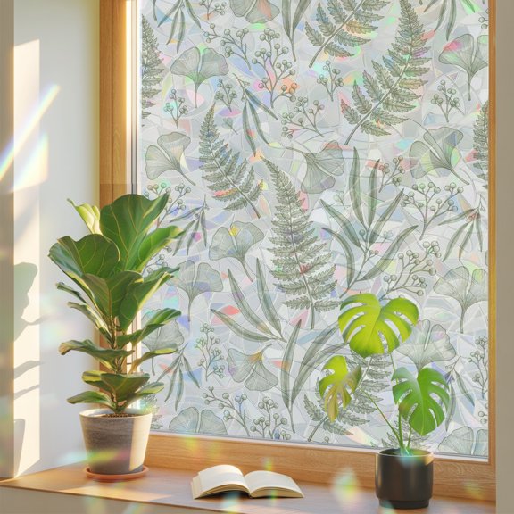 Window Privacy Film Vintage Fern Herbs Botanical Leaf Stained Glass Static Cling 18x39inch, Green Wild Plant Leaves Rainbow Window Film Glass Sticker for Bathroom Bedroom Home