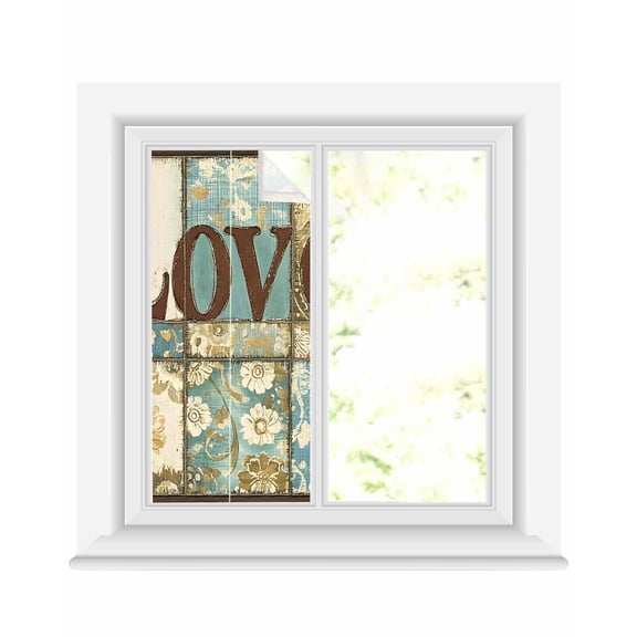 Window Privacy Film Vintage Floral Check Stained Glass Window Film Decorative Sun Block Window Cover Blue Yellow Love Buffalo Plaid Window Clings Static Adhesive Sticker for Bathroom 17.7"x39.3"