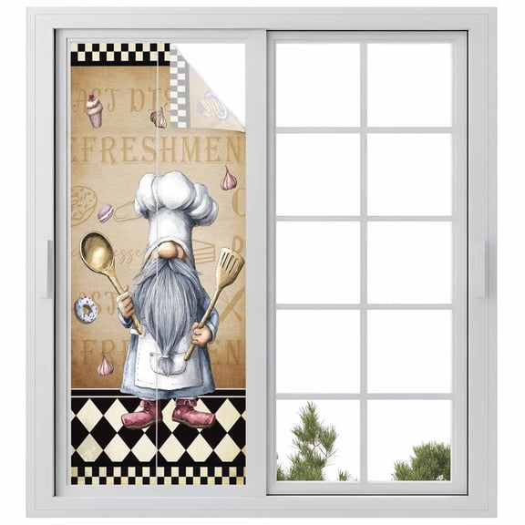 Window Privacy Film Vintage Gnomes Stained Glass Window Film Decorative Sun Block Window Cover Black White Checkered Retro Art Window Clings Static Adhesive Sticker for Bathroom 23.6"x59"