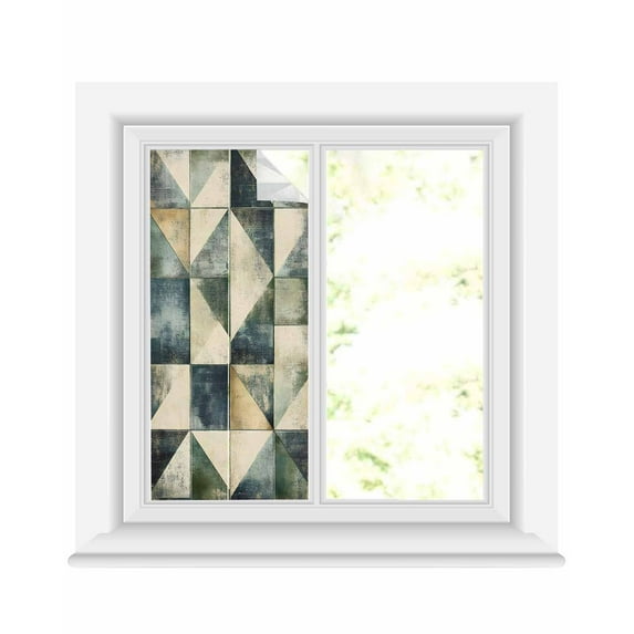 Window Privacy Film Vintage Green Abstract Stained Glass Window Film Decorative Sun Block Window Cover Rhombus Geometric Modern Window Clings Static Adhesive Sticker for Bathroom 17.7"x39.3"