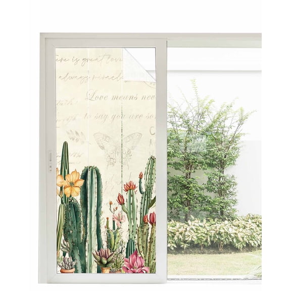Window Privacy Film Vintage Green Cactus Stained Glass Window Film Decorative Sun Block Window Cover Spring Floral Watercolor Botanical Window Clings Static Adhesive Sticker for Bathroom 35.4"x78.7"