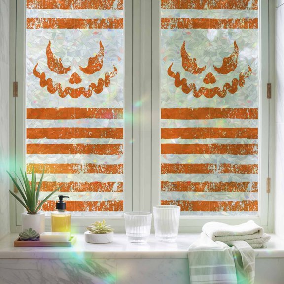 Window Privacy Film,Vintage Halloween Demons Face Static Clings Decorative Rainbow Window Films Stickers White Orange Stripe Sun Blocking Glass Cover for Home Bathroom Office,17.7"x39.3"