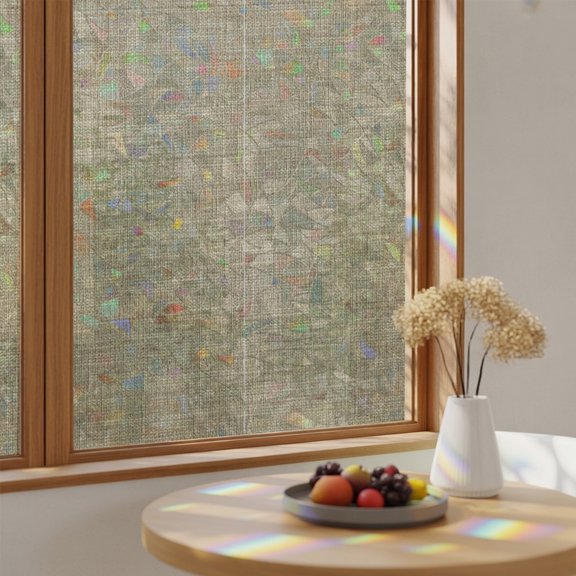 Window Privacy Film, Vintage Linen Stained Glass Rainbow Film Pastoral Brown Linen Texture Farmhouse Decorative Window Clings, Static Cling Sun Blocking Stickers For Bathroom Bedroom 23.6"x59"