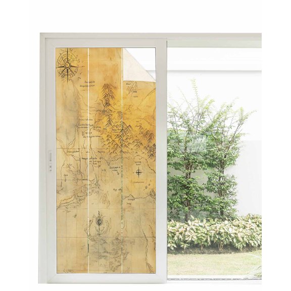Window Privacy Film Vintage Map Stained Glass Window Film Decorative Sun Block Window Cover Middle Century Farmhouse Natural Landscape Window Clings Static Adhesive Sticker for Bathroom 35.4"x78.7"