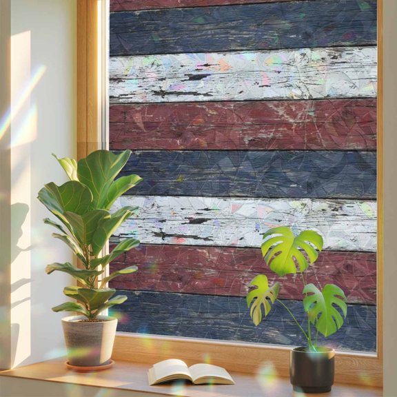 Window Privacy Film Vintage Plank Red Blue White Stained Glass Static Cling 18x39inch, Country Wooden Board Rainbow Window Film Glass Sticker for Bathroom Bedroom Home