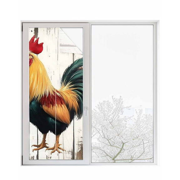 Window Privacy Film Vintage Rooster Stained Glass Window Film Decorative Sun Block Window Cover Retro Farmhouse Rooster Watercolor Window Clings Static Adhesive Sticker for Bathroom 23.6"x59"