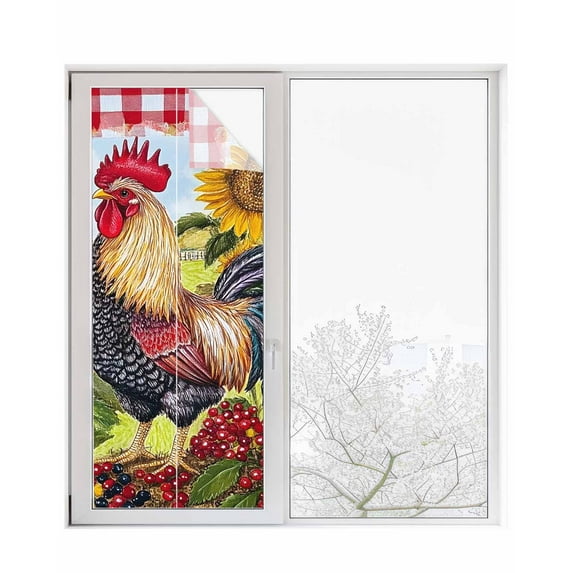 Window Privacy Film Vintage Rooster Stained Glass Window Film Decorative Sun Block Window Cover Sunflower Plaid Pastoral Animals Window Clings Static Adhesive Sticker for Bathroom 23.6"x59"