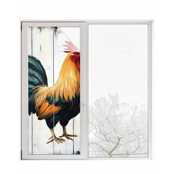 Window Privacy Film Vintage Rooster Stained Glass Window Film Decorative Sun Block Window Cover Watercolor Retro Farmhouse Rooster Window Clings Static Adhesive Sticker for Bathroom 23.6"x59"