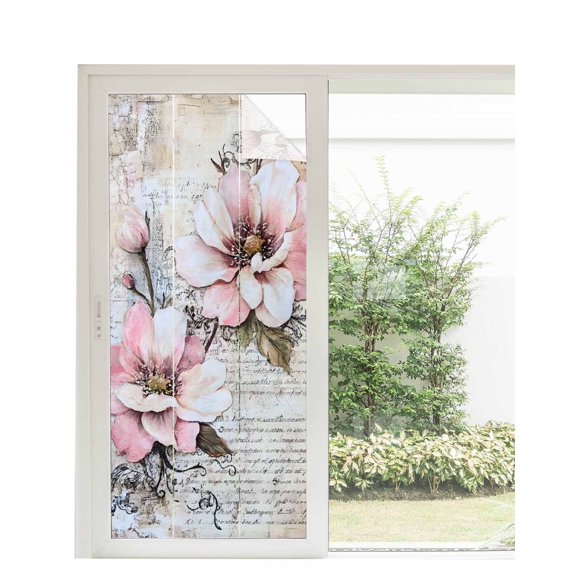 Window Privacy Film Vintage Spring Floral Stained Glass Window Film Decorative Sun Block Window Cover Pink Summer Botanical Retro Flowers Window Clings Static Sticker for Bathroom 35.4"x78.7"