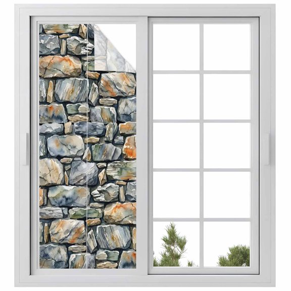 Window Privacy Film Vintage Stone Wall Stained Glass Window Film Decorative Sun Block Window Cover Farmhouse Abstract Art Brown Window Clings Static Adhesive Sticker for Bathroom 23.6"x59"