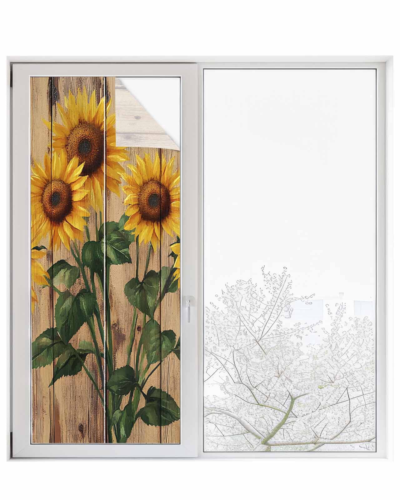 Window Privacy Film Vintage Sunflower Stained Glass Window Film Decorative Sun Block Window Cover Farmhouse Vintage Wooden Floral Window Clings Static Adhesive Sticker for Bathroom 23.6"x59"