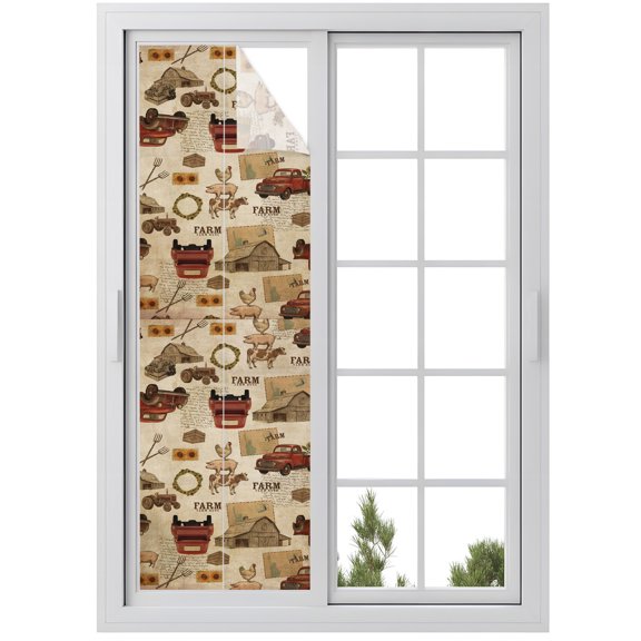 Window Privacy Film Vintage Truck Pigs Stained Glass Window Film Decorative Window Cover Floral Cartoon Botanical Farmhouse Art Window Clings Static Adhesive Sticker for Bathroom 23.6"x78.7"