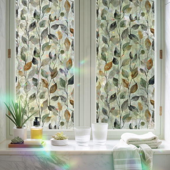 Window Privacy Film,Vintage Watercolor Leaves Static Clings Decorative Rainbow Window Films Stickers Rustic Colorful Foliage Leaf Sun Blocking Glass Cover for Home Bathroom Office,17.7"x39.3"