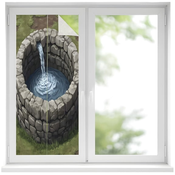 Window Privacy Film Water Well Stained Glass Window Film Decorative Sun Block Window Cover Stone Basin Spring Farmhouse Stone Craft Window Clings Static Adhesive Sticker for Bathroom 17.7"x39.3"
