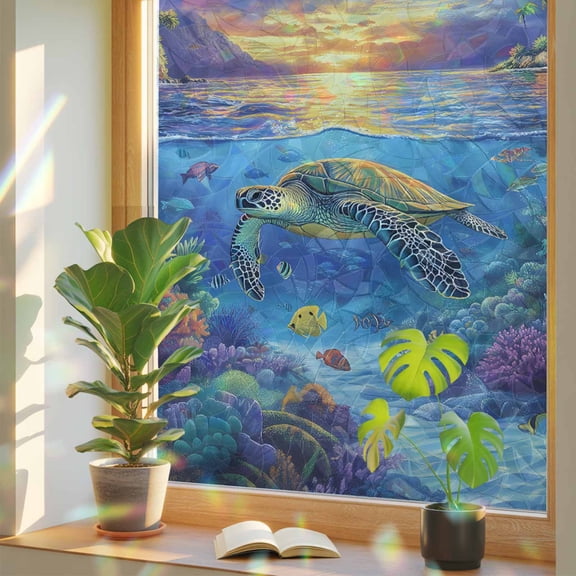 Window Privacy Film Water World Stained Glass Window Film Turtles Corals Tropical Fish Rainbow Static Window Clings for Glass Windows Home Bathroom Living Room Office Glass Door Sticker 17.7"39.3"