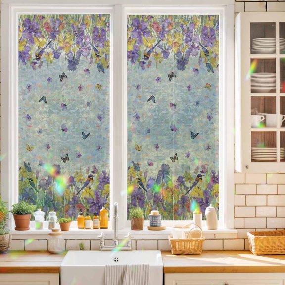 Window Privacy Film,Watercolor Blossom Irises Flower Static Clings Decorative Rainbow Window Films Stickers Spring Floral Butterfly on Linen Sun Blocking Glass Cover for Home Office,17.7"x39.3"