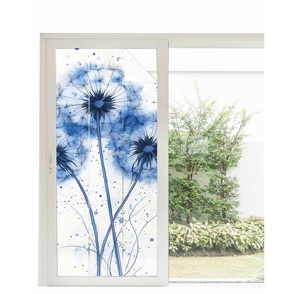 Window Privacy Film Watercolor Dandelion Stained Glass Window Film Decorative Sun Block Window Cover Pastoral Spring Blue Flowers Window Clings Static Adhesive Sticker for Bathroom 35.4"x78.7"