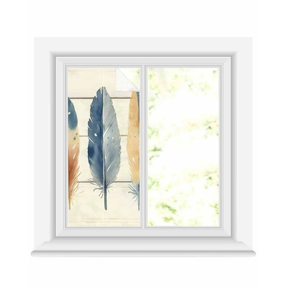 Window Privacy Film Watercolor Feather Stained Glass Window Film Decorative Sun Block Window Cover Vintage Country Wooden Grain Art Window Clings Static Adhesive Sticker for Bathroom 17.7"x39.3"