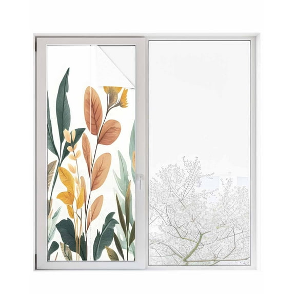 Window Privacy Film Watercolor Floral Leaves Stained Glass Window Film Decorative Sun Block Window Cover Summer Tropical Botanical Window Clings Static Adhesive Sticker for Bathroom 23.6"x59"