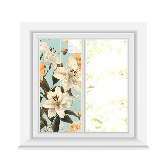 Window Privacy Film Watercolor Flower Stained Glass Window Film Decorative Sun Block Window Cover Lily Seasonal Botanical Blooms Summer Window Clings Static Adhesive Sticker for Bathroom 17.7"x39.3"