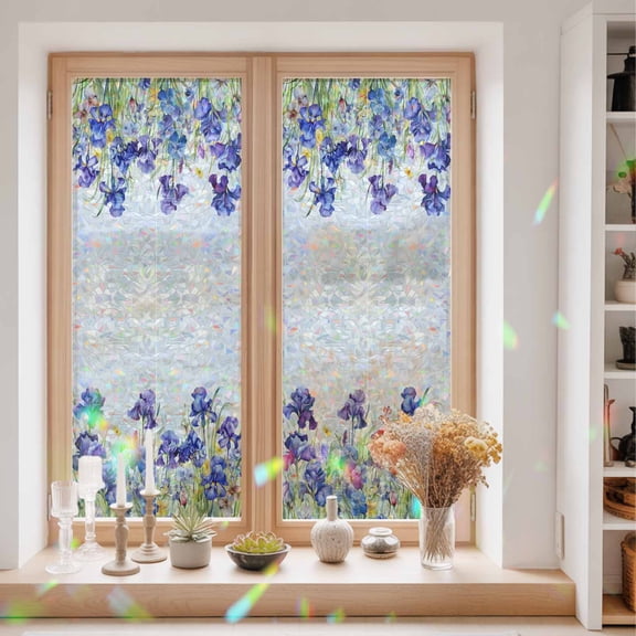Window Privacy Film,Watercolor Garden Spring Flower Iris Static Clings Decorative Rainbow Window Films Stickers Blossom Floral on White Sun Blocking Glass Cover for Home Bathroom Office,23.6"x59"