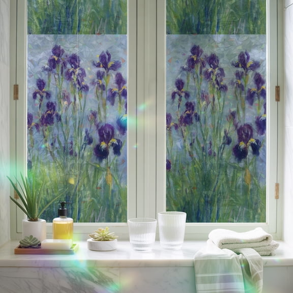 Window Privacy Film,Watercolor Iris Purple Flower Static Clings Decorative Rainbow Window Films Stickers Spring Floral Green Leaves Sun Blocking Glass Cover for Home Bathroom Office,17.7"x39.3"