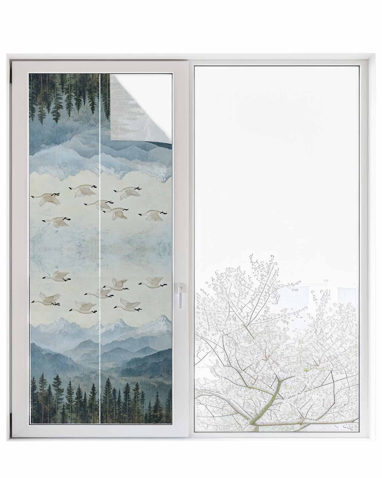 Window Privacy Film Watercolor Landscape Stained Glass Window Film Decorative Sun Block Window Cover Retro Geese Forest Mountain Window Clings Static Adhesive Sticker for Bathroom 23.6"x59"
