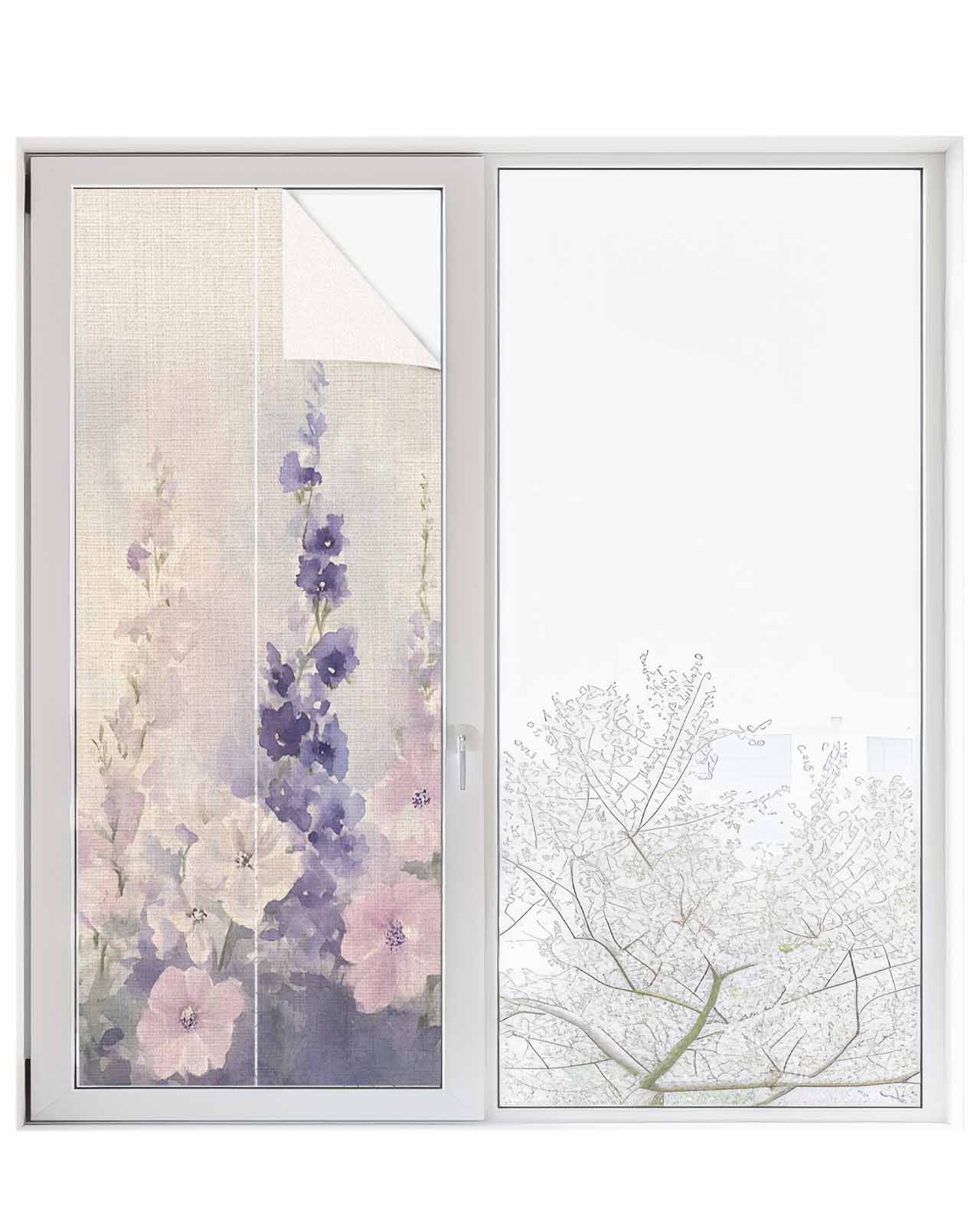 Window Privacy Film Watercolor Lavender Stained Glass Window Film Decorative Sun Block Window Cover Country Spring Field Leaf Wildflower Window Clings Static Adhesive Sticker for Bathroom 23.6"x59"