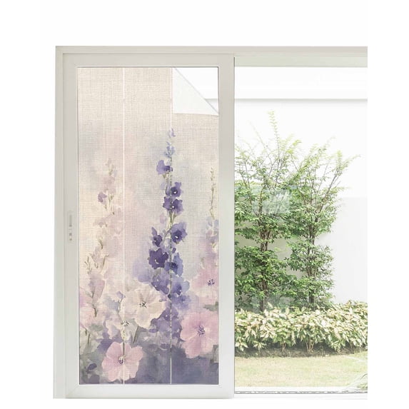 Window Privacy Film Watercolor Lavender Stained Glass Window Film Decorative Sun Block Window Cover Country Spring Field Leaf Wildflower Window Clings Static Adhesive Sticker for Bathroom 35.4"x78.7"