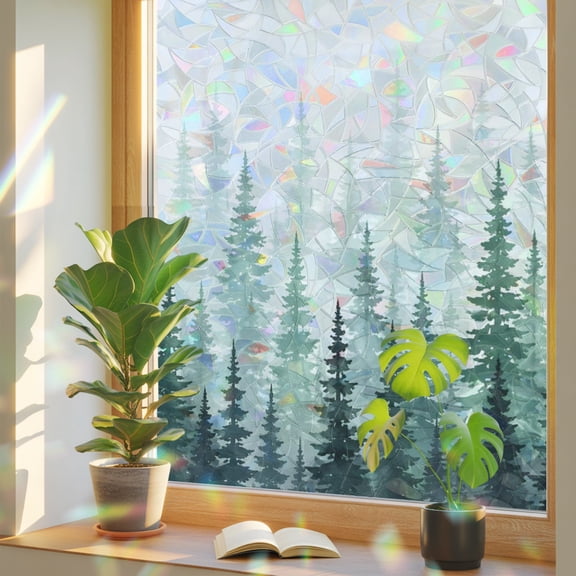 Window Privacy Film Watercolor Pine Trees Forest Stained Glass Static Cling 18x39inch, Evergreen Tree Landscape Rainbow Window Film Glass Sticker for Bathroom Bedroom Home