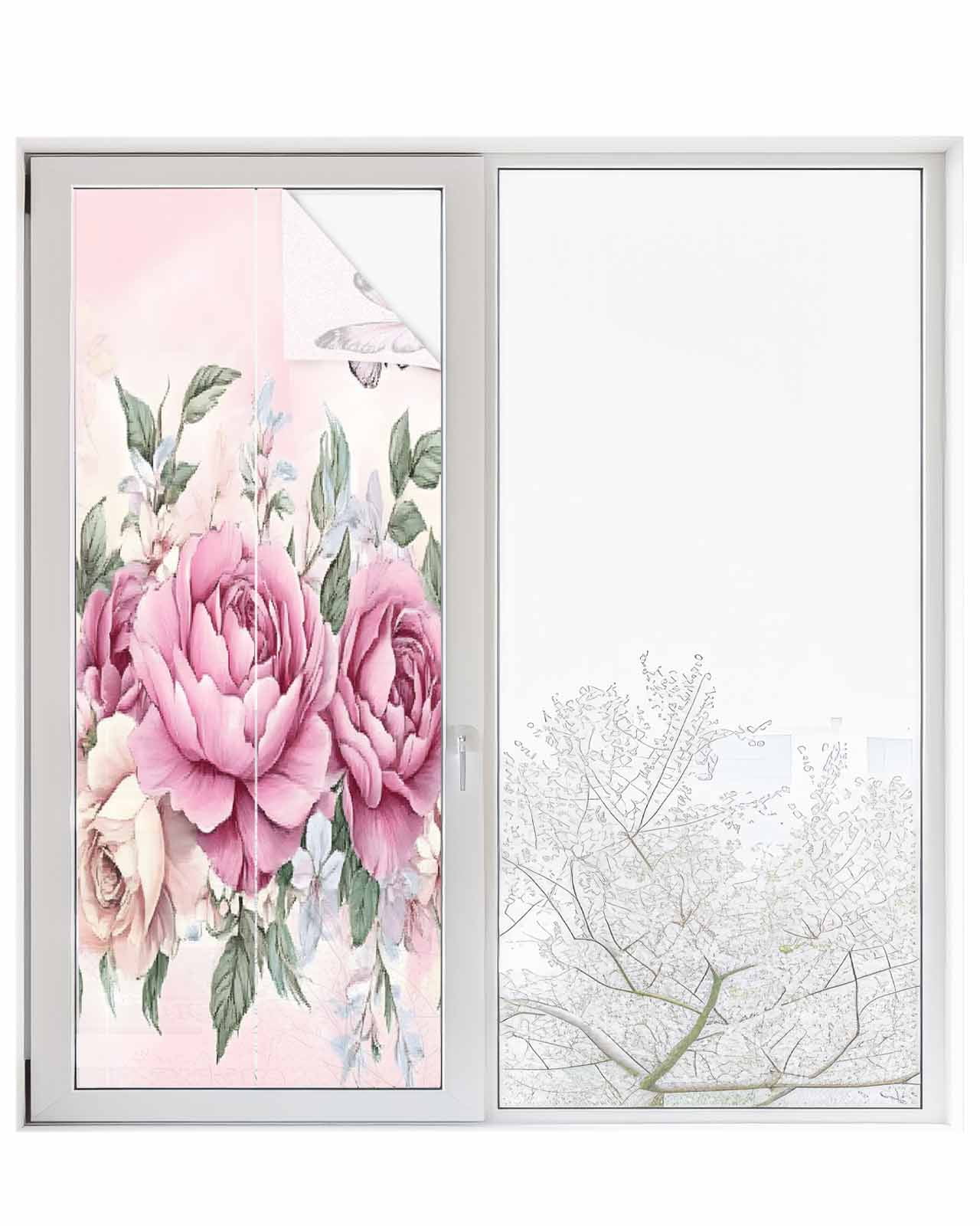 Window Privacy Film Watercolor Pink Floral Stained Glass Window Film ...